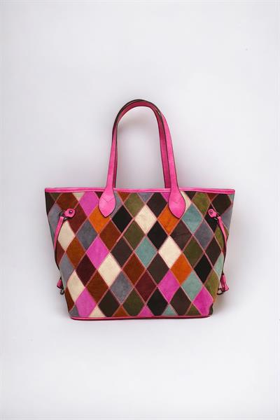 Hakiki Süet Deri Çok Renkli Baklava Desen Kadın Omuz Çantası YC012062HSD