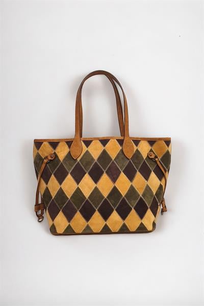 Hakiki Süet Deri Çok Renkli Baklava Desen Kadın Omuz Çantası YC012062HSD