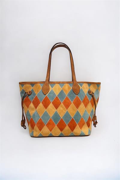 Hakiki Süet Deri Çok Renkli Baklava Desen Kadın Omuz Çantası YC012062HSD