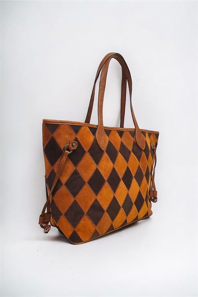 Hakiki Süet Deri Çok Renkli Baklava Desen Kadın Omuz Çantası YC012062HSD