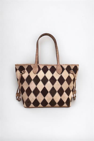 Hakiki Süet Deri Çok Renkli Baklava Desen Kadın Omuz Çantası YC012062HSD