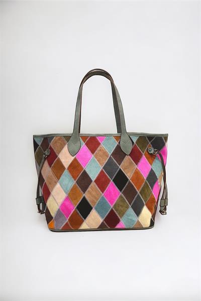 Hakiki Süet Deri Çok Renkli Baklava Desen Kadın Omuz Çantası YC012062HSD