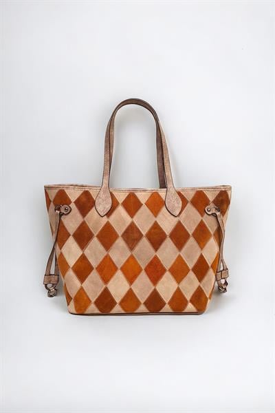 Hakiki Süet Deri Çok Renkli Baklava Desen Kadın Omuz Çantası YC012062HSD