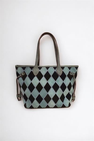 Hakiki Süet Deri Çok Renkli Baklava Desen Kadın Omuz Çantası YC012062HSD