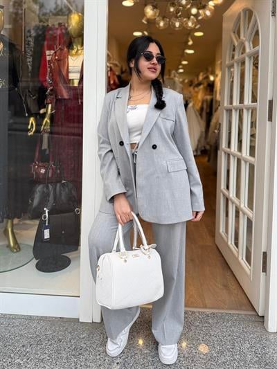 Gri  Düğme Detaylı Blazer Takım - 1113