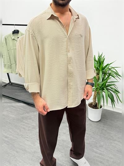 Krem Modal Kumaş Oversize Gömlek