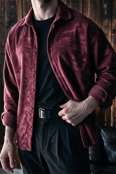 Maren Erkek Premium Kalite Oversize Kadife Uzun Kollu Gömlek Ceket Bordo