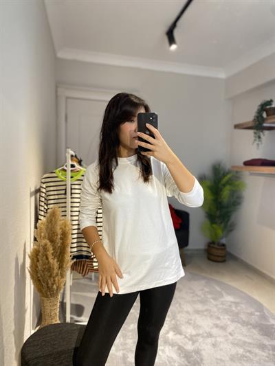 Beyaz Baskılı Basic Bluz