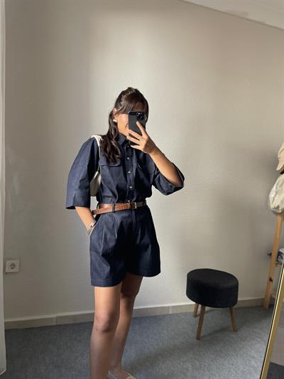 Denim Kemerli Şortlu Takım