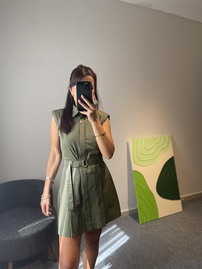 Haki Pileli Gömlek Elbise