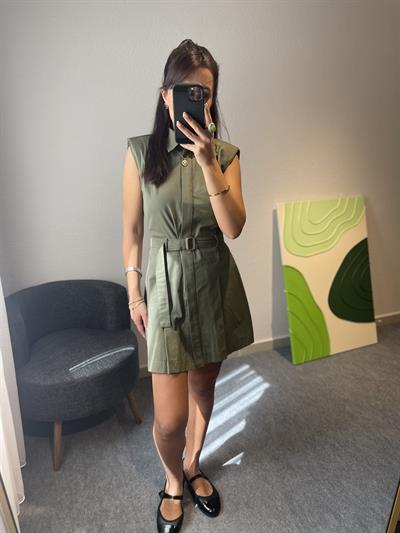 Haki Pileli Gömlek Elbise
