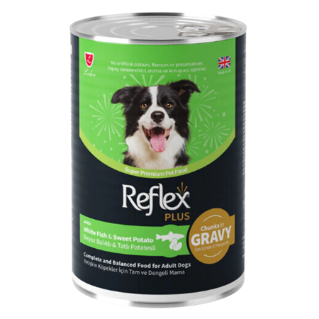 Reflex Plus Sos İçinde Parça Etli Beyaz Balıklı ve Tatlı Patatesli Yetişkin Köpek Konservesi 400gr