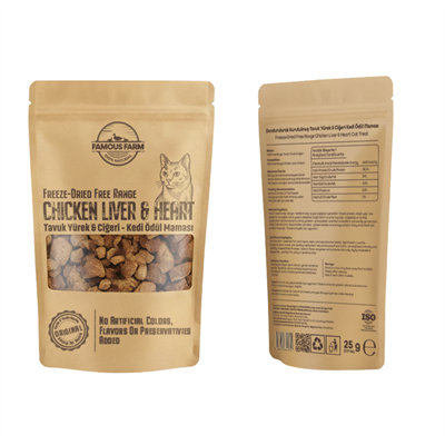 Famous Farm Dondurulmuş Kurutulmuş Tavuk Yürek Ciğer Kedi Ödül Maması 25 Gr