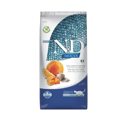 N&D Ocean Ringa Balıklı Bal Kabaklı ve Portakallı Tahılsız Yetişkin Kedi Maması 5 kg