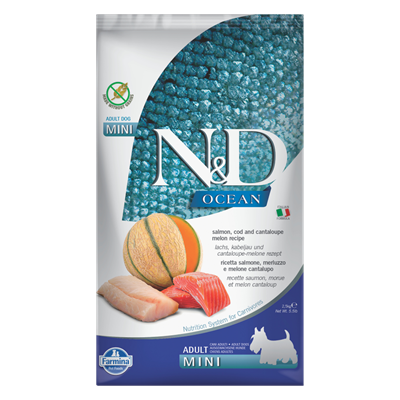 N&D Ocean Somonlu Morina Balıklı ve Kavunlu Tahılsız Mini Irk Yetişkin Köpek Maması 2,5kg