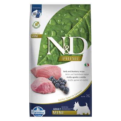 N&D Prime Kuzu Etli ve Yaban Mersinli Küçük Irk Tahılsız Yetişkin Köpek Maması 7kg