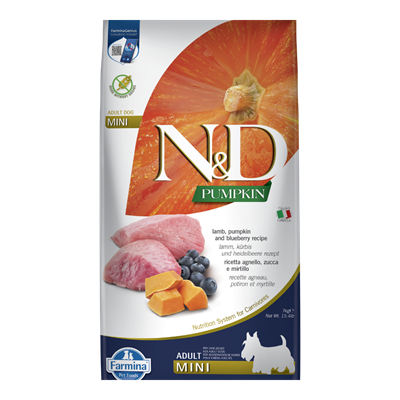 N&D Pumpkin Bal Kabaklı Kuzulu ve Yaban Mersinli Küçük Irk Tahılsız Yetişkin Köpek Maması 7kg