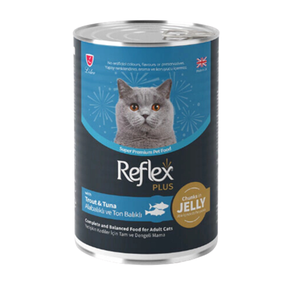 Reflex Plus Jöle İçinde Parça Etli Alabalık ve Ton Balıklı Yetişkin Kedi Konservesi 400gr