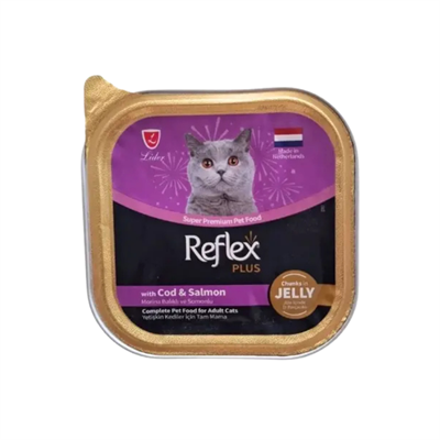 Reflex Plus Jöle İçinde Parça Morina Balıklı ve Somonlu Yetişkin Konserve Kedi Maması 85 gr