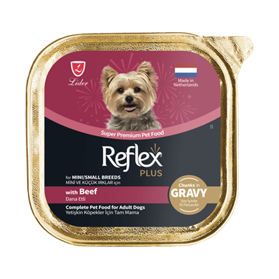 Reflex Plus Sos İçinde Et Parçacıklı Dana Etli Mini ve Küçük Irklar İçin Yetişkin Köpek Yaş Maması 85gr