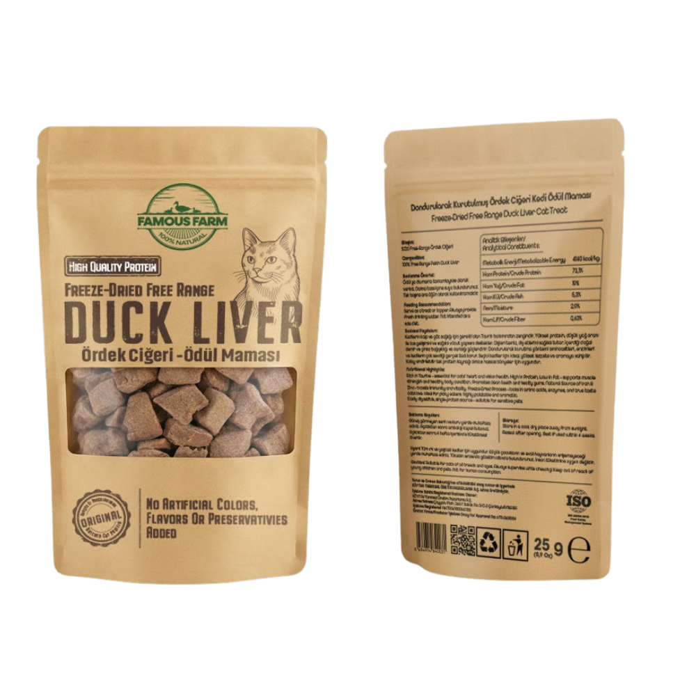 Famous Farm Dondurulmuş Kurutulmuş Ördek Ciğer Kedi Ödül Maması 25 Gr
