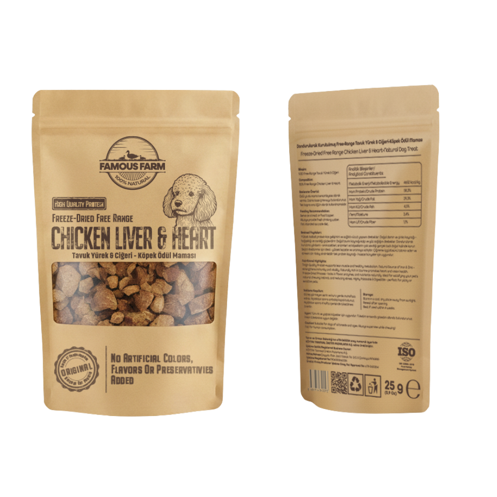 Famous Farm Dondurulmuş Kurutulmuş Tavuk Yürek Ciğer Köpek Ödül Maması 25 Gr