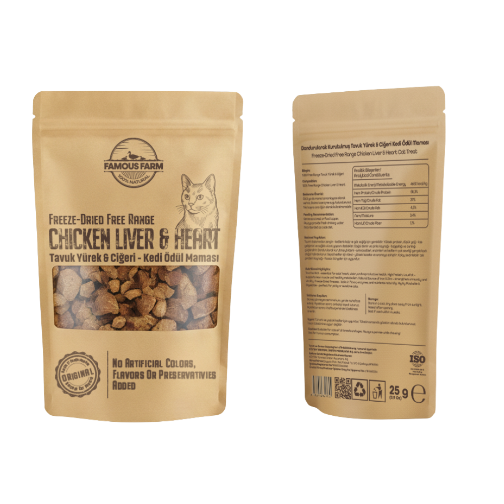Famous Farm Dondurulmuş Kurutulmuş Tavuk Yürek Ciğer Kedi Ödül Maması 25 Gr
