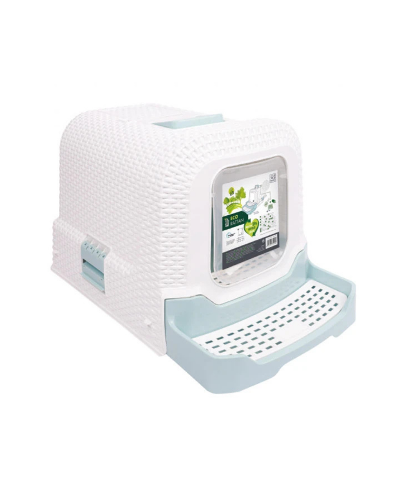 M-Pets ECO Rattan Kapalı Kedi Tuvaleti Beyaz Mavi 69x42x41 cm