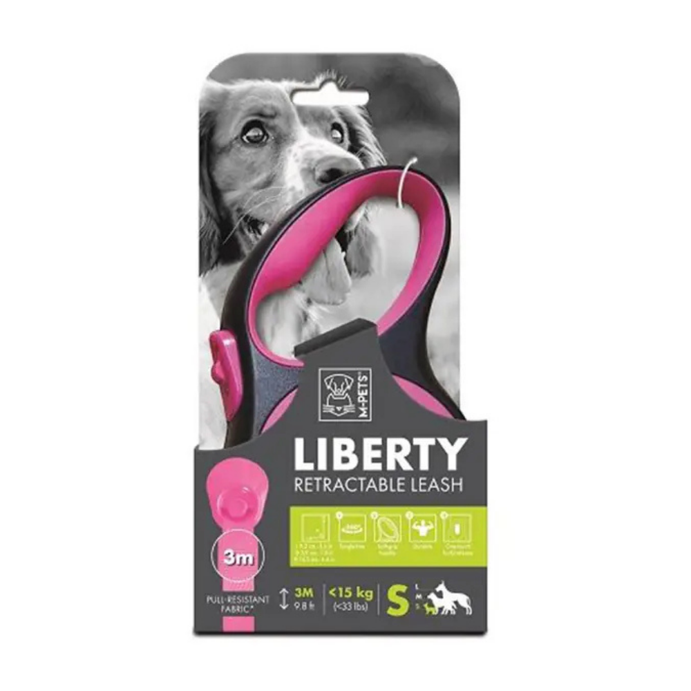M-Pets Liberty Otomatik Köpek Gezdirme Kayışı Şerit 3mt Pembe Small