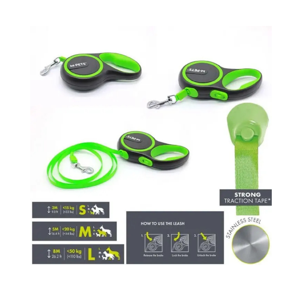 M-Pets Liberty Otomatik Köpek Gezdirme Kayışı Şerit 5MT Yeşil Medium