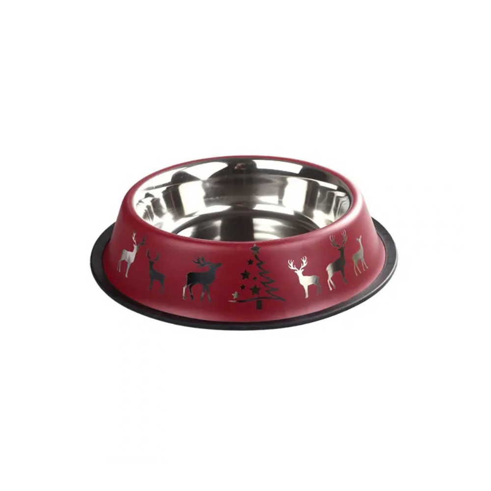 Oripet Yılbaşı Desenli Bordo Çelik Köpek Mama Kabı 32 Oz 18cm