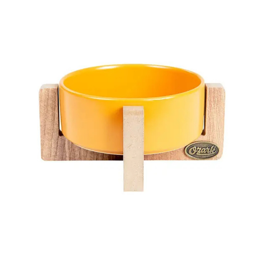 Ozark Ahşap Tabanlı Seramik Kedi-Köpek Mama ve Su Kabı Hardal 17 cm 400 ml