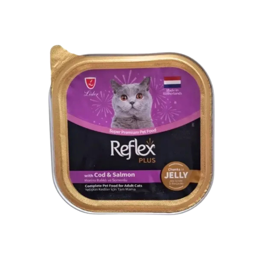 Reflex Plus Jöle İçinde Parça Morina Balıklı ve Somonlu Yetişkin Konserve Kedi Maması 85 gr