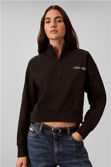 Calvin Klein Heavy Jersey 1/4 Zip Top- Graphi Kadın Pijama Üstü Siyah