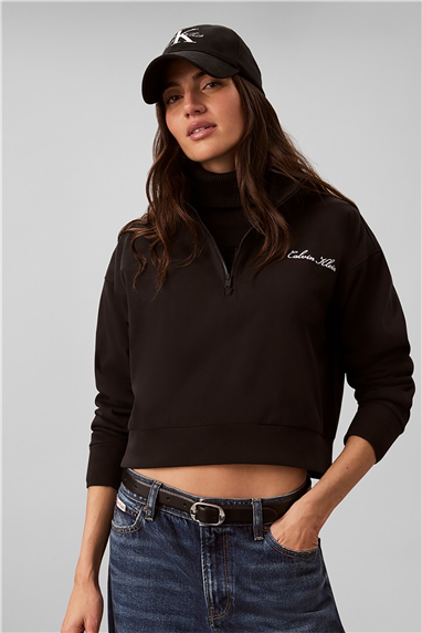 Calvin Klein Heavy Jersey 1/4 Zip Top- Graphi Kadın Pijama Üstü Siyah