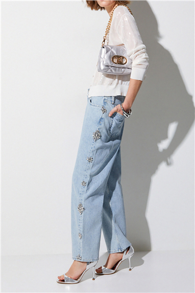 Liu Jo Pant.Straight Studs H.W. Kadın Jean Pantolon Mavi