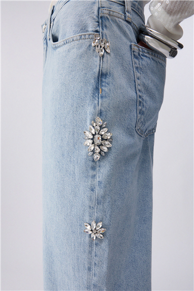 Liu Jo Pant.Straight Studs H.W. Kadın Jean Pantolon Mavi