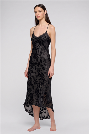 Luna di Seta Damask Devore Negligee Kadın Gecelik Siyah