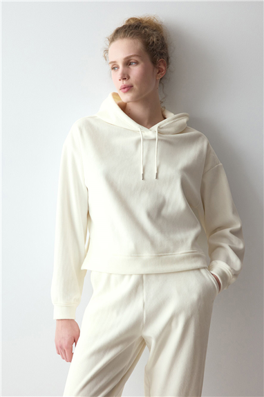 Triumph Velour Rib Hoodie Kadın Kapüşonlu Sweatshirt Beyaz