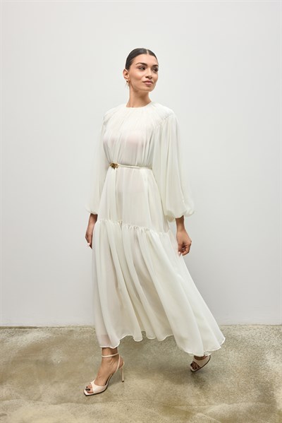 KAT KAT BÜZGÜ DETAYLI ŞİFON ELBİSE