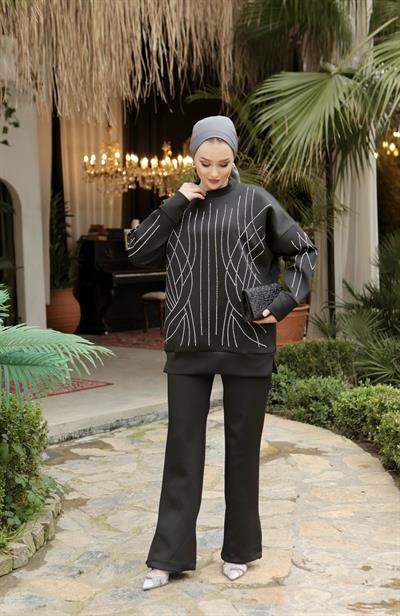  Taşlı Scuba Kumaş Takım Siyah