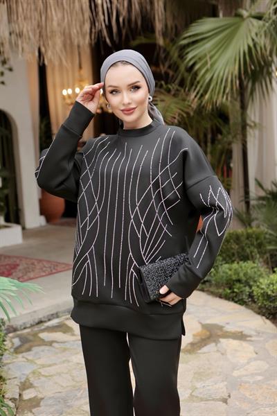  Taşlı Scuba Kumaş Takım Siyah