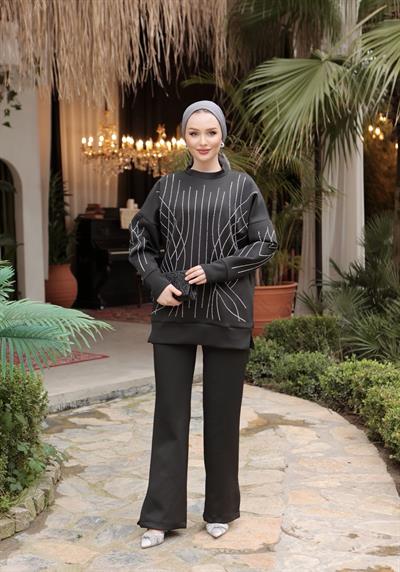  Taşlı Scuba Kumaş Takım Siyah