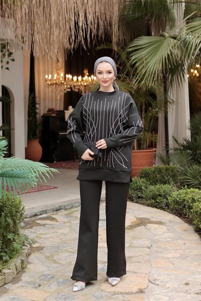  Taşlı Scuba Kumaş Takım Siyah