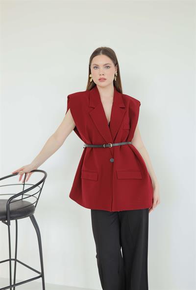 Aylana Kemerli Blazer Yelek Bordo