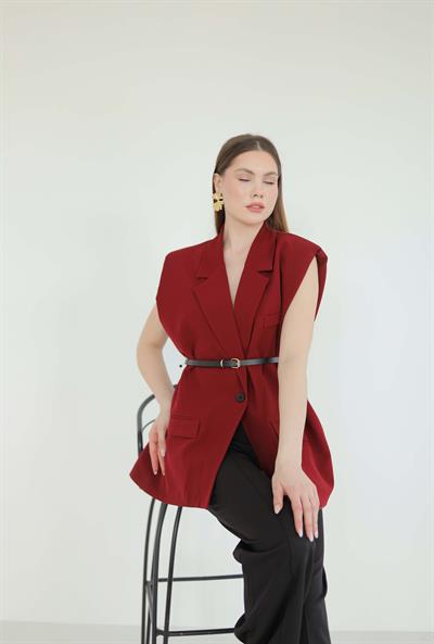 Aylana Kemerli Blazer Yelek Bordo