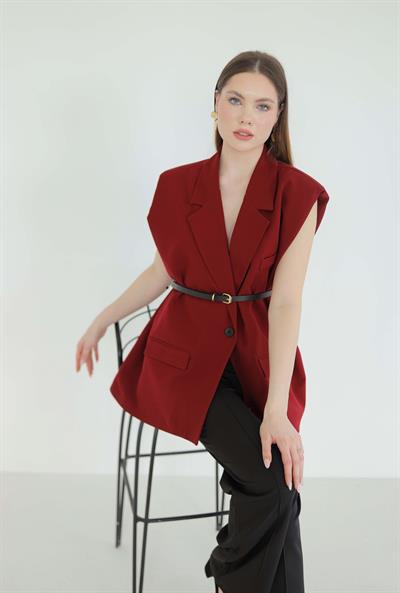 Aylana Kemerli Blazer Yelek Bordo