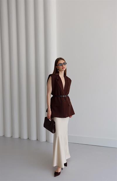 Aylana Kemerli Blazer Yelek Kahve
