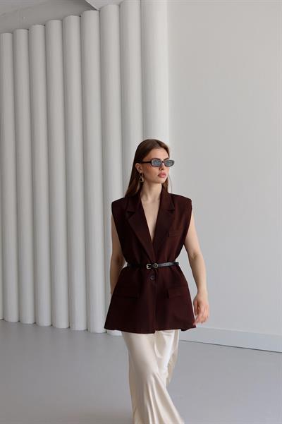 Aylana Kemerli Blazer Yelek Kahve