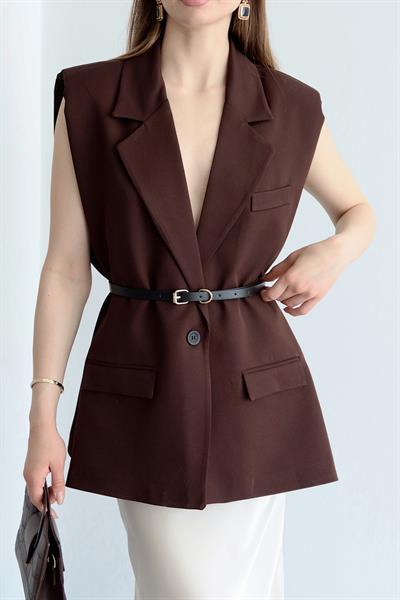 Aylana Kemerli Blazer Yelek Kahve